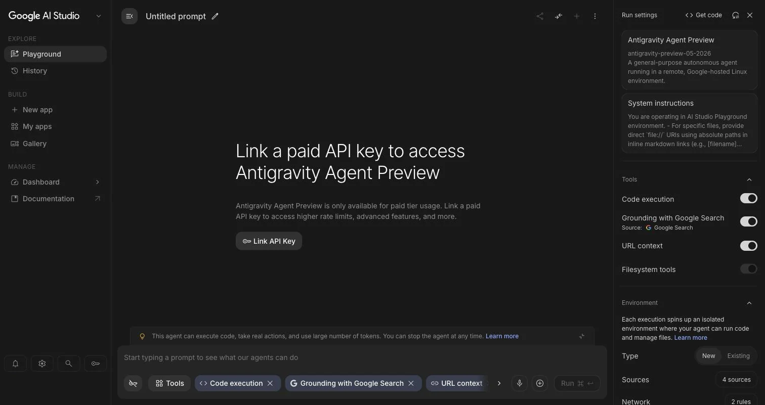 Antigravity-agenten i AI Studio med beskeden Link a paid API key to access Antigravity Agent Preview.