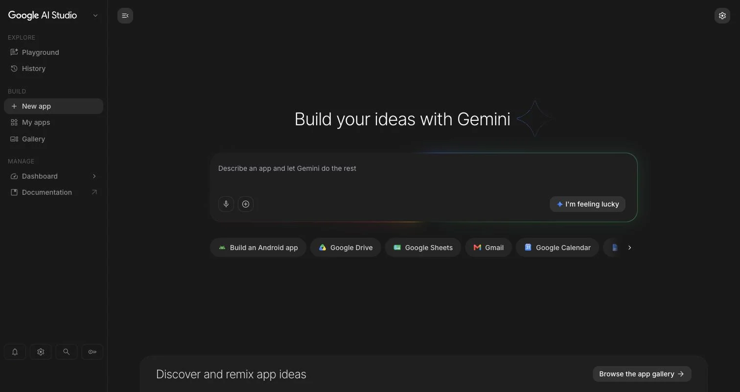 Build-visningen i AI Studio med et prompt-felt, hvor man beskriver en app, og genveje til Google Drive, Sheets, Gmail og Calendar.
