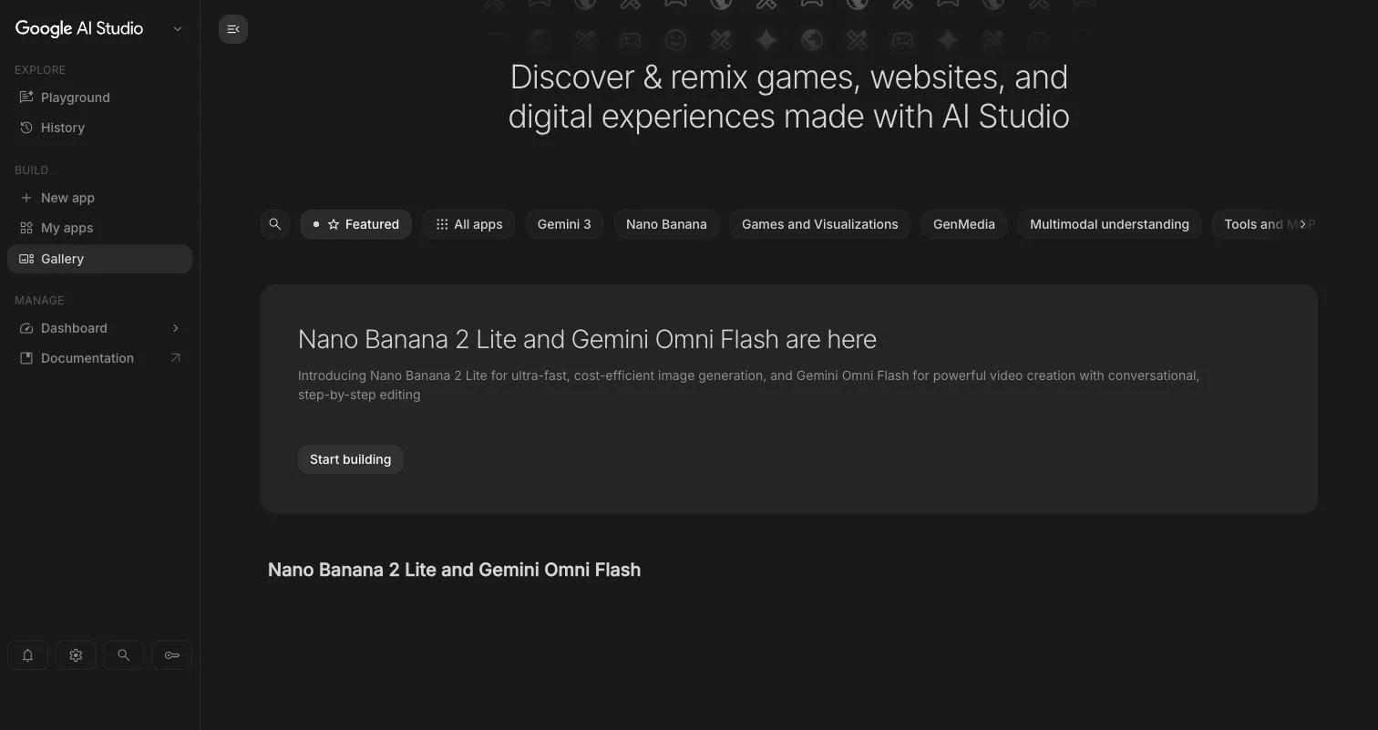 App-galleriet i AI Studio med faner for Featured, Gemini 3, Nano Banana, GenMedia og Tools and MCP.