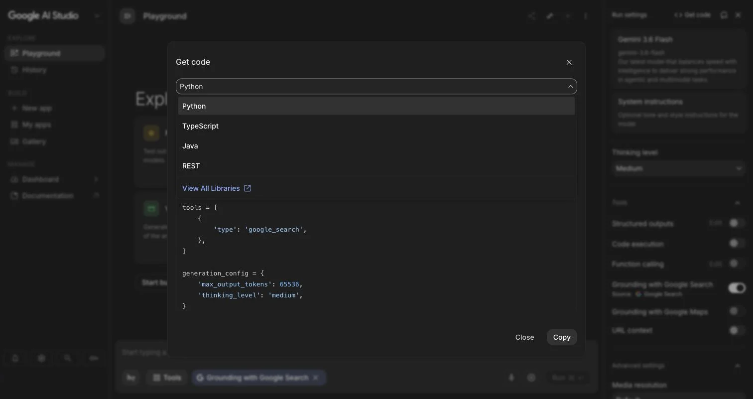 Sprogvælgeren i Get code-dialogen med Python, TypeScript, Java og REST.
