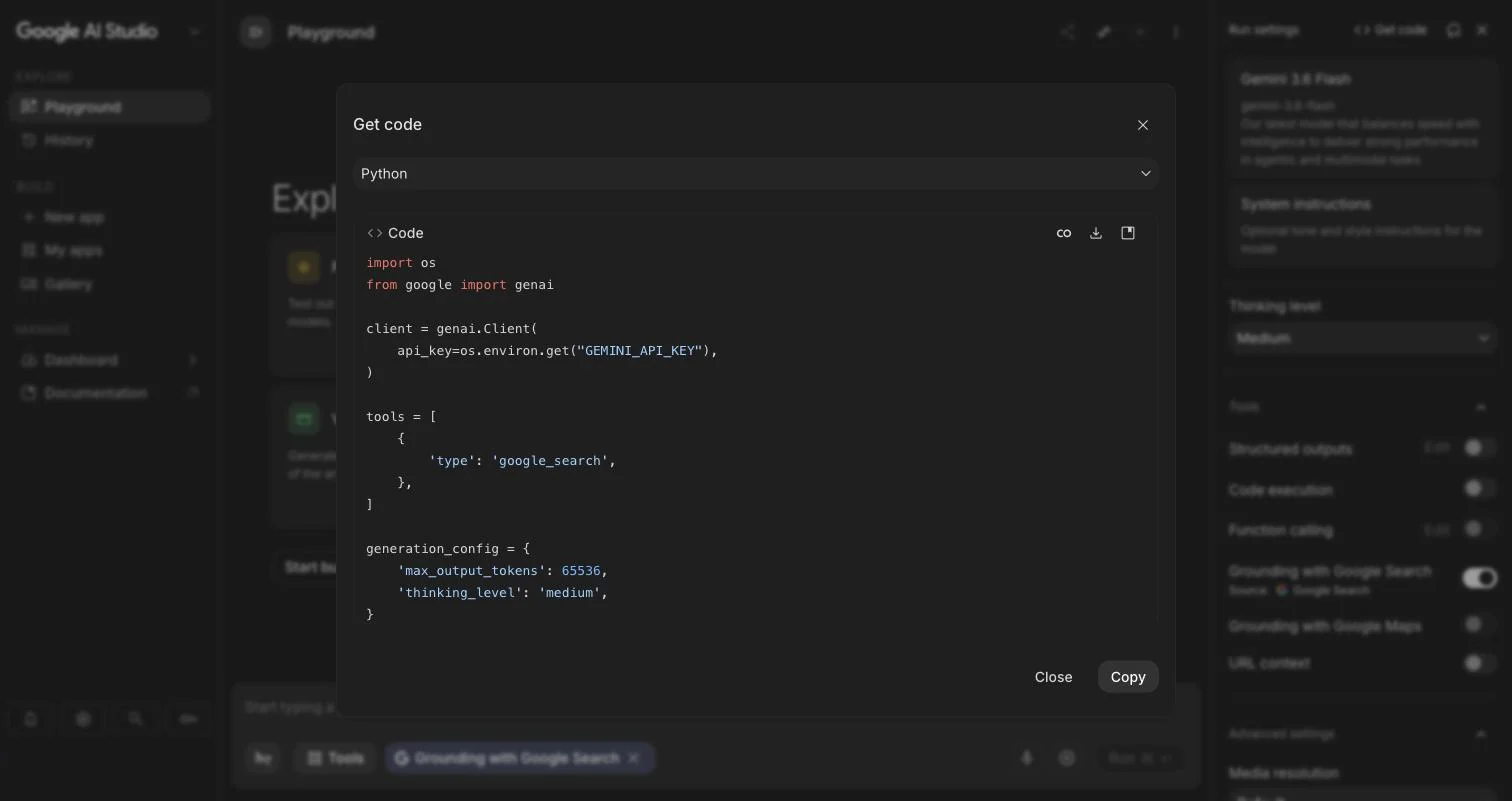 Get code-dialogen i AI Studio med færdig Python-kode, der matcher indstillingerne i panelet.