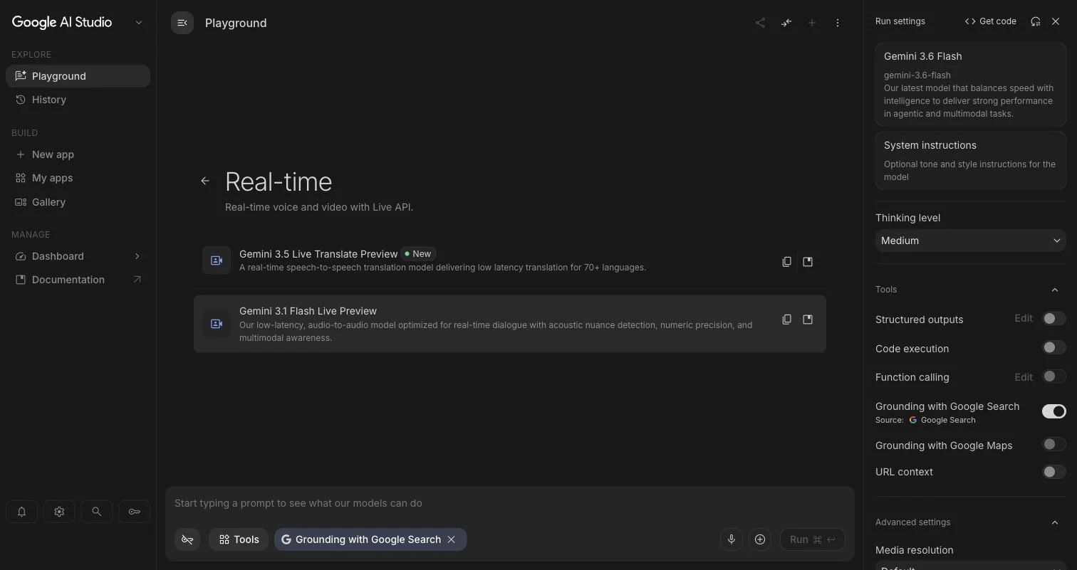 Real-time-kategorien i AI Studio med Gemini 3.5 Live Translate Preview og Gemini 3.1 Flash Live Preview.