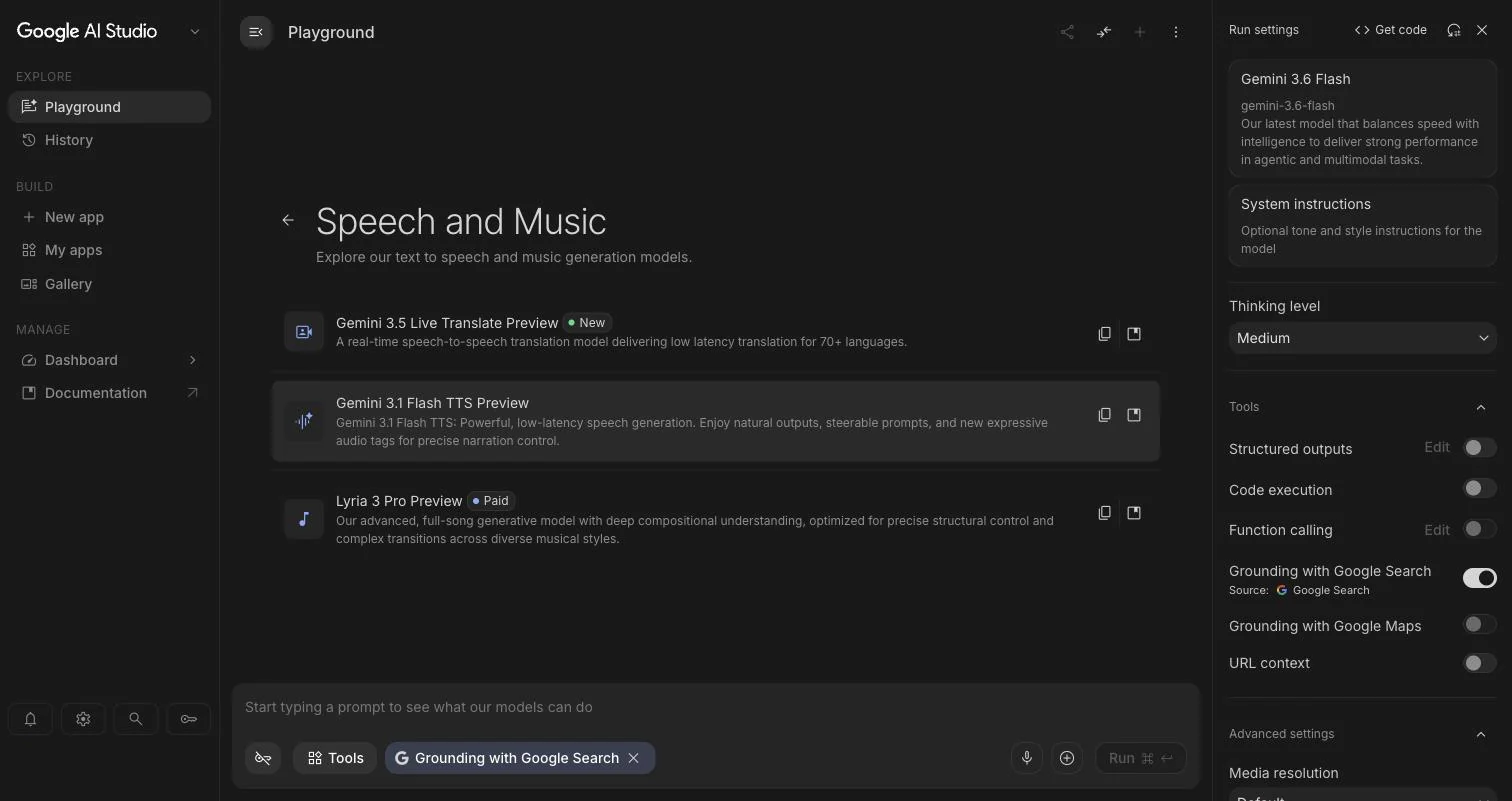 Kategorien Speech and Music i AI Studio med Gemini 3.5 Live Translate Preview, Gemini 3.1 Flash TTS Preview og Lyria 3 Pro Preview.