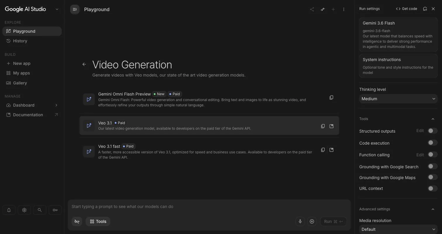 Kategorien Video Generation i AI Studio med Gemini Omni Flash Preview, Veo 3.1 og Veo 3.1 fast.